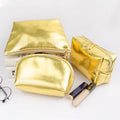 Qetesh 3 Pieces Set Fashion Women Makeup Bags Waterproof Pu Leather Travel Toiletry  Multifunctional Silver Gold Cosmetic Bag