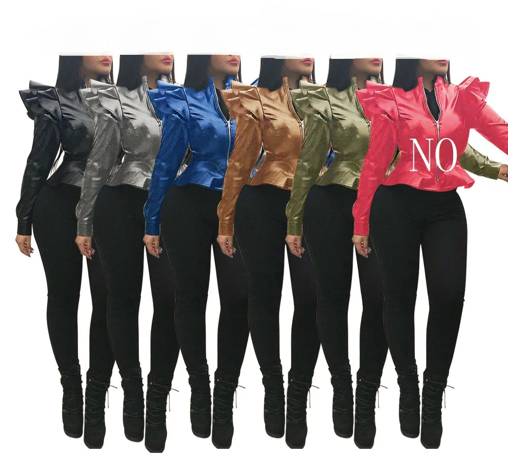 Black Faux Leather Bomber Jacket Women Long Sleeve Zipper Ruffle Shrug Motorcycle Jackets Slim Short Coats and Jackets Outerwear