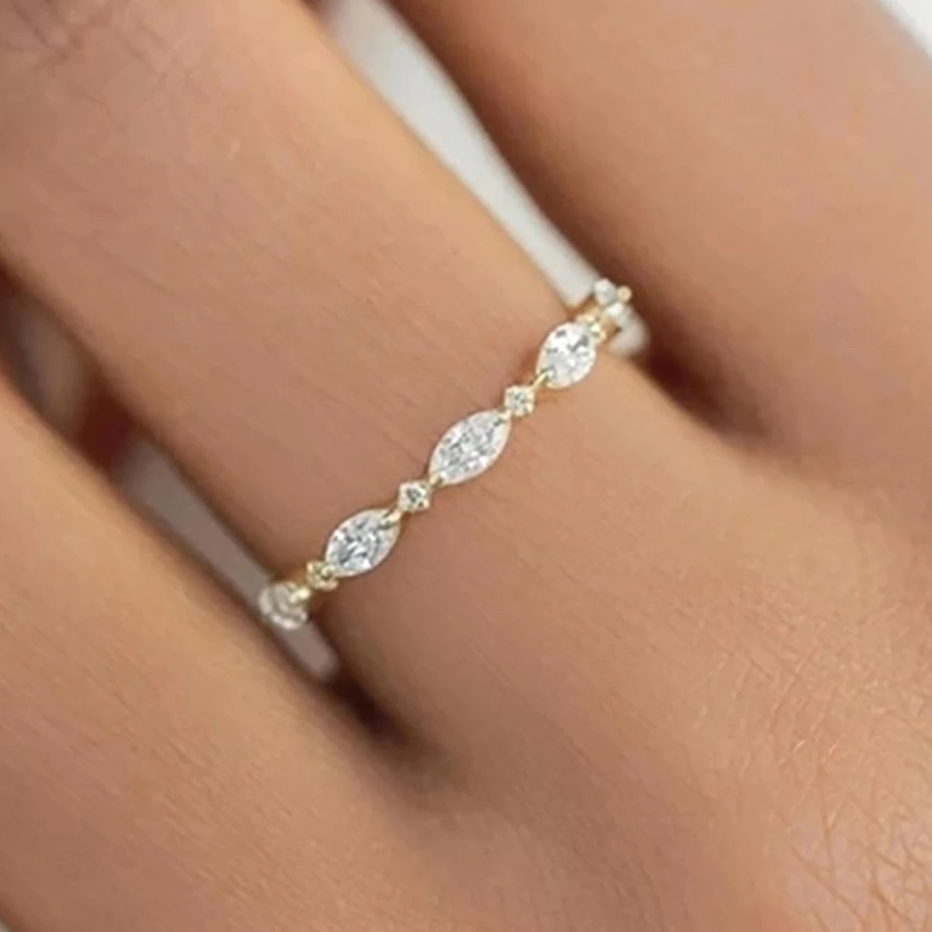 Huitan Wholesale Hot Sale Simple Stylish Marquise Cut Zircon Thin Finger Rings for Engagement Gold Plated Small Rings for Women