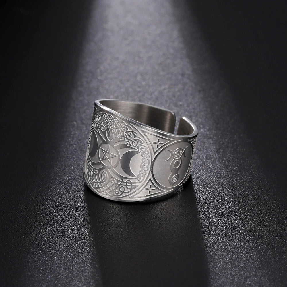 Hot Selling Triple Moon Goddess Ring Pentagram Pentacle Stainless Steel Ring Pagan Magic Amulet Tree of Life Wiccan Jewelry
