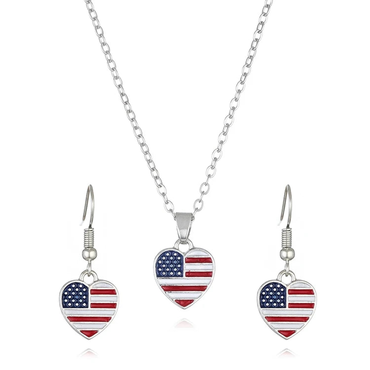 New Patriotic Stars Stripes Independence Day Heart American Flag Necklace Earrings Jewelry Set for Women