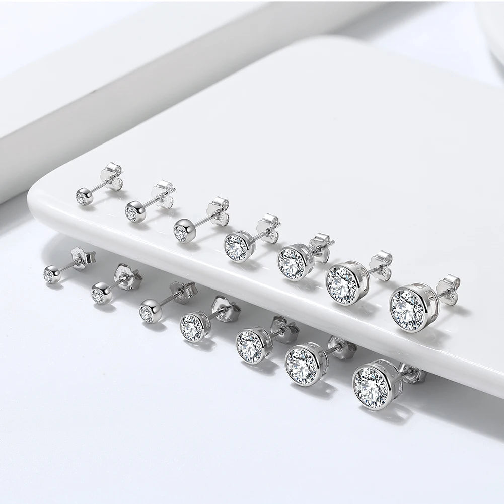 RINNTIN BAPE33 Hypoallergenic 2-8mm Cubic Zirconia 925 Sterling Silver Earrings Bezel Setting Round Cut CZ Studs Earings Women