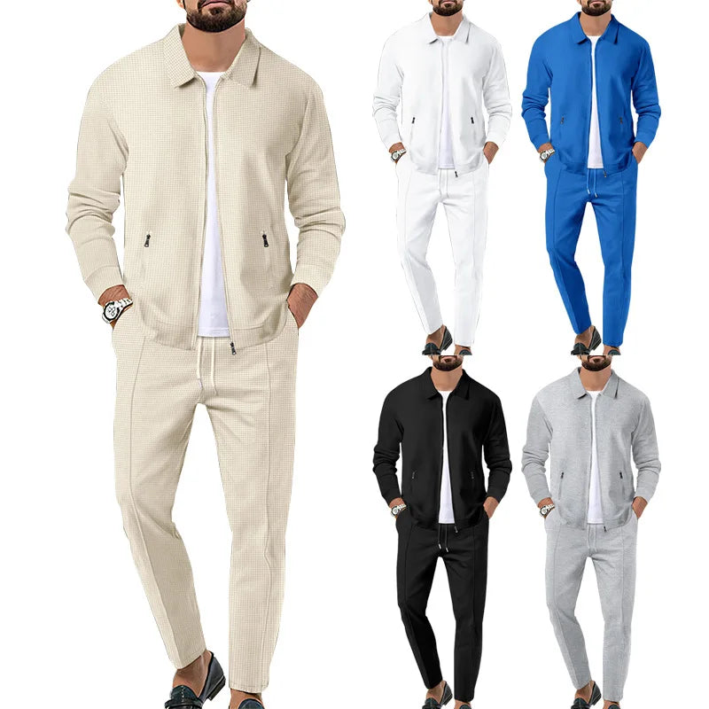 2024 Men's Autumn Waffle Zipper Pocket Lapel Cardigan Men's Jacket Set