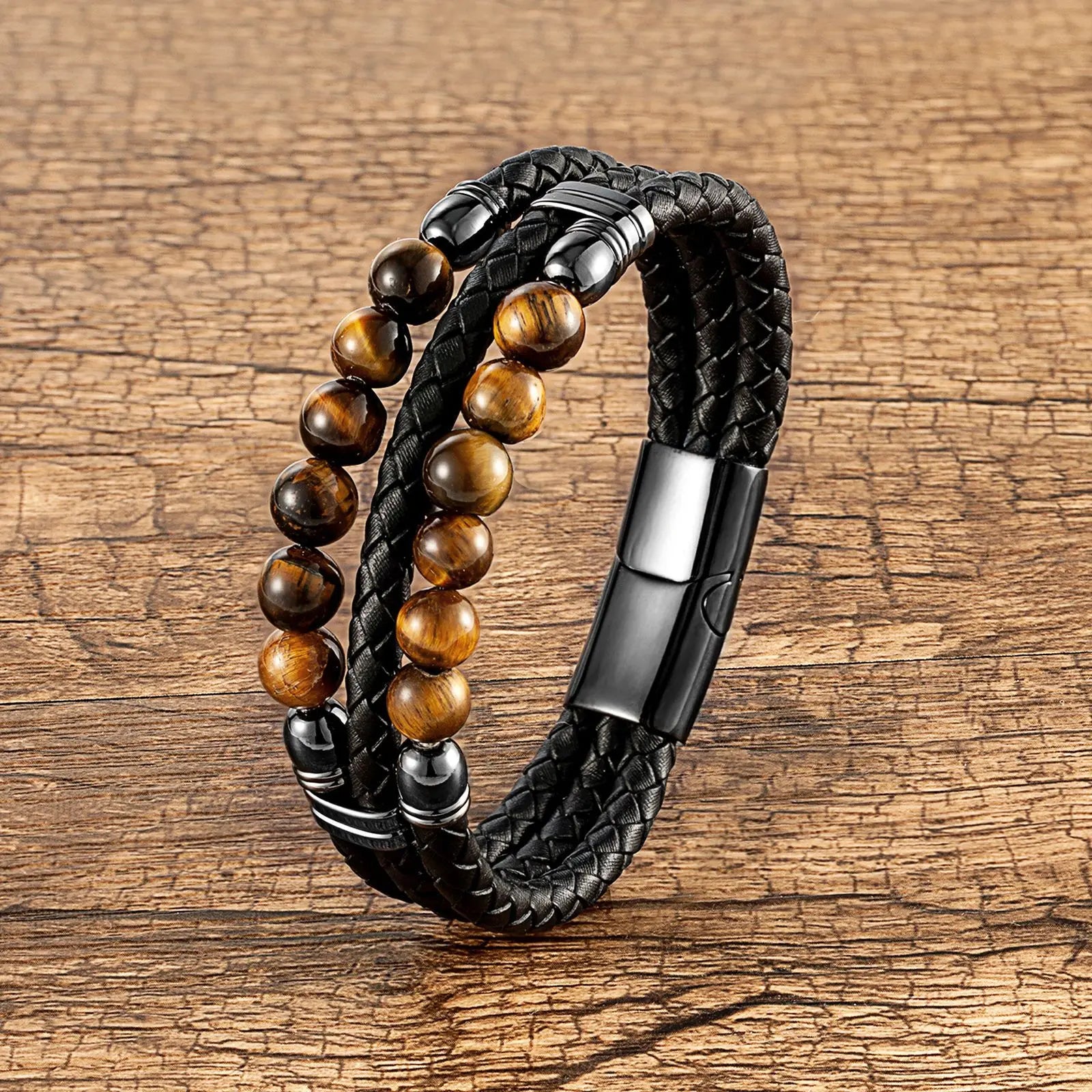 Fashion Luxury Tiger Eye Stone Beaded Stainless Steel Magnetic Clasp Bracelet Charm Genuine Leather Bracelet Mens Jewelry