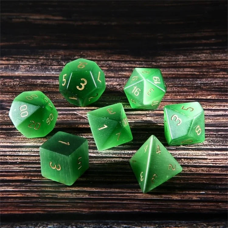Semi-Precious Green Cat Eye Custom Made Polyhedral DND RPG Gemstone Dice Set