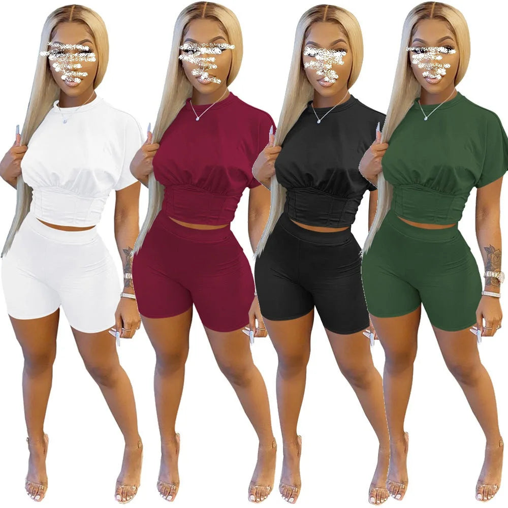Solid Color 2 Piece Set Women Shorts and Top Summer Outfits Loungewear Women Casual Matching Sets Running Clothes Sport Gym Suit