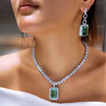 Luxury Big Blue Square Shaped CZ Stone White Tennis Necklace and Earrings Set Women Wedding Party Pendant Jewelry Accessories