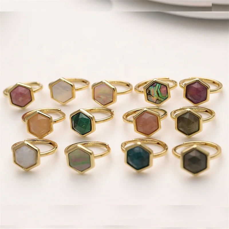 Customized Natural Stone Bezel Setting Statement Ring Brass Gold Plated Hexagonal Gemstone Ring for Women Jewelry