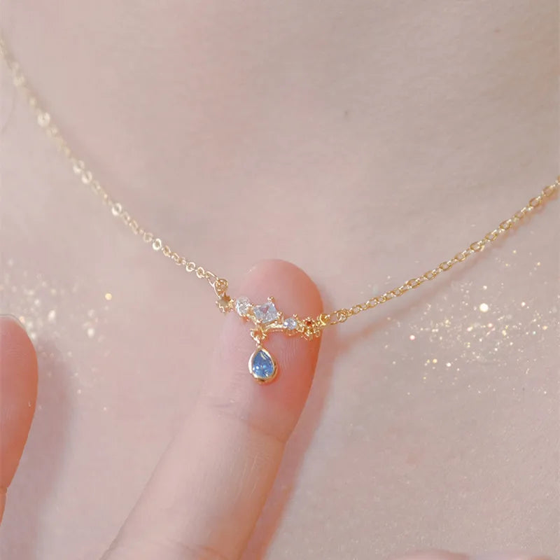 Hot Sale 925 Sterling Silver Blue CZ Diamond Pendant Women Water Drop Shaped Diamond Pendant Necklace