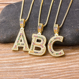 QIKU Bohemia Colorful Crystal 26 A-Z Initial Letter Necklace Women Accessories Pendant Copper Zircon Jewelry Gift Dropshipping