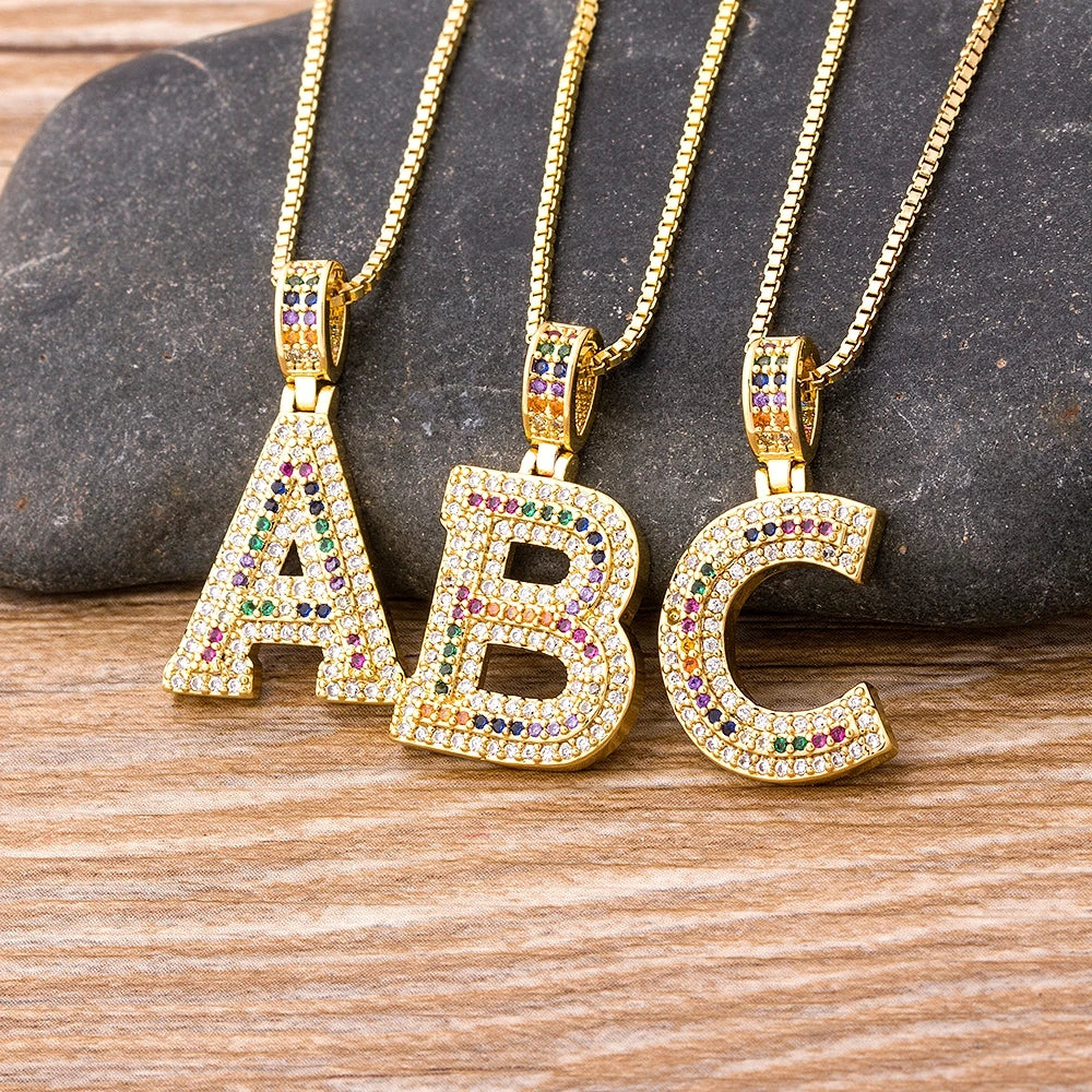 QIKU Bohemia Colorful Crystal 26 A-Z Initial Letter Necklace Women Accessories Pendant Copper Zircon Jewelry Gift Dropshipping