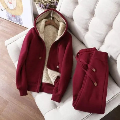 M-4XL Winter Style Plush and Thickened Simple Solid Color Long Sleeved Hooded Short Jacket+sports Pants Sports and Leisure Set