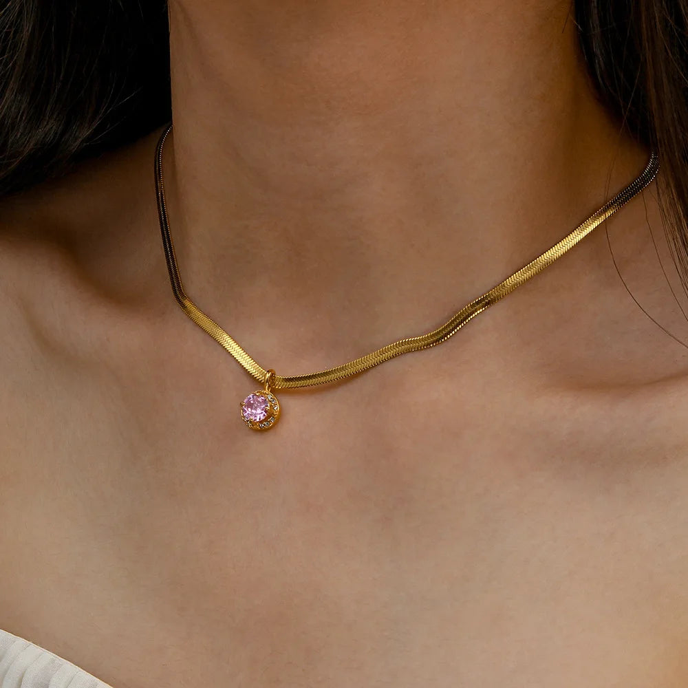 2022 New Arrivals Gold Plated Zircon Pendant Necklace Vintage Snake Bone Chain Stainless Steel Crystal Choker Necklace