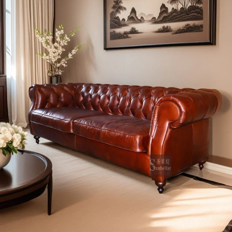 OEM ODM Luxury Midcentury Chesterfield Living Room Sofa Top Grain 100% Genuine Leather Big Rolled Arms Tufted America Sofa