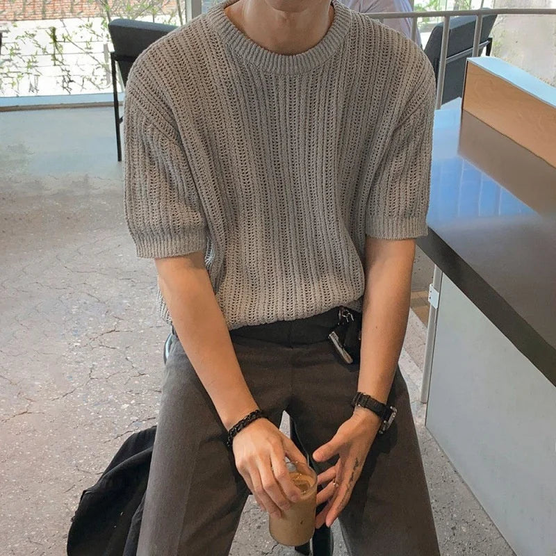 Summer Korean Style Men's T-Shirt Trendyy Niche Solid Pattern Loose round Neck Half-Sleeve with Blank Design Knitted Fabric