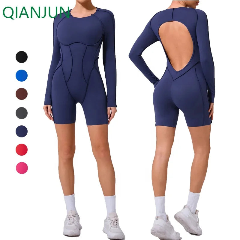 Custom Logo Long Sleeve Short Playsuits Fitness Sportswear Slimming Sports Bodysuits Hollow Back Gym Yoga Women's Jumpsuit