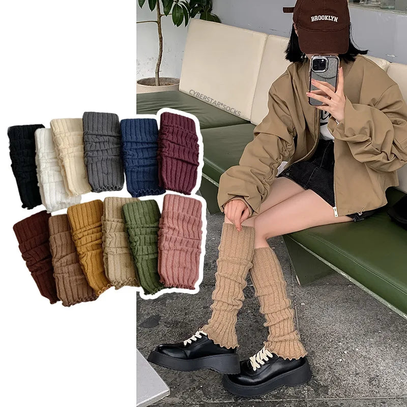 Custom Logo Design Thick Thread Sock Cover Solid Color Pile up Calf Knee Length Socks Japanese Ins Womens Winter Leg Cover