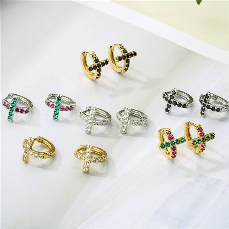EC1939 Popular Mini Chic Dainty Huggie Hoops Earrings 18k Gold Silver Plated Micro Pave Cross Evil Eyes Minimalist Wedding Gift