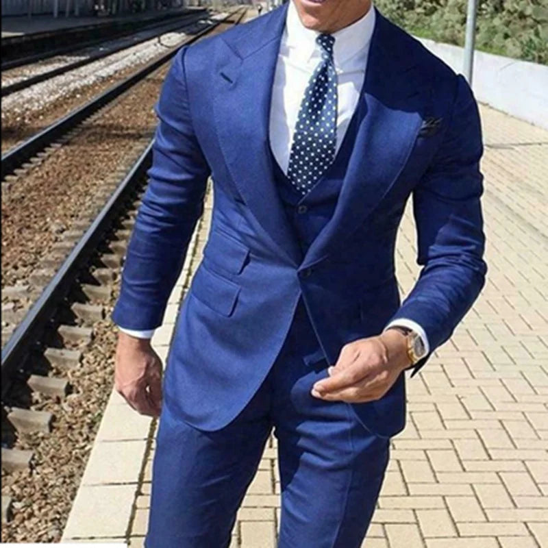 2025 Winter New Handsome Blue Men Suits Groom Wedding Tuxedo Pant Suit for One Button Men's Formal Wear blazer Sets