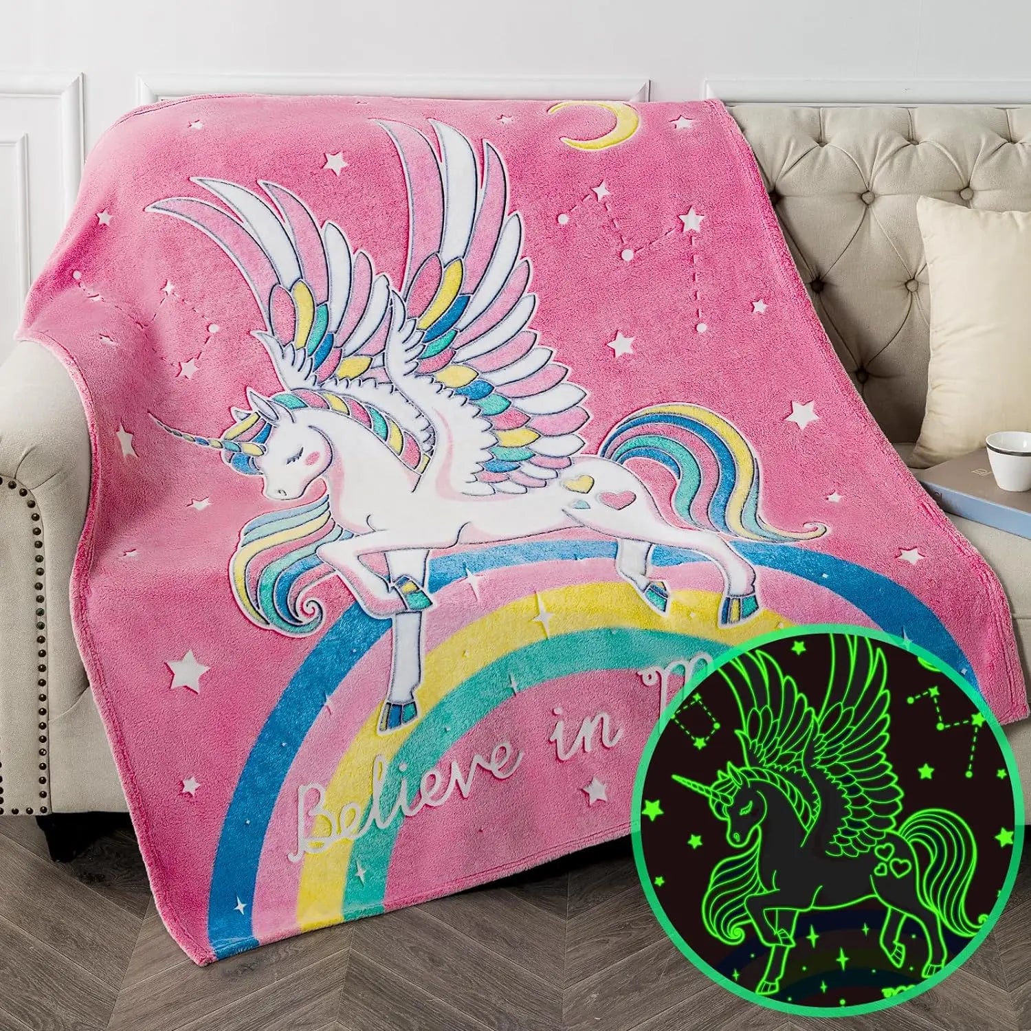 Wholesale Children's Kids Gradient Colorful Unicorn Luminous Flannel Fleece Glow in the Dark Throw Blanket for Gift