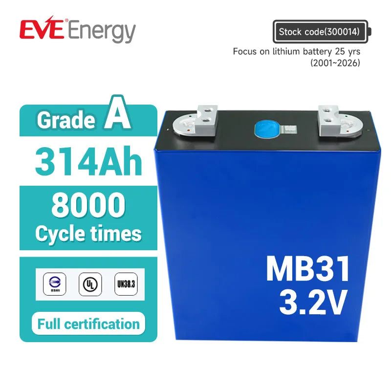 EVE EU STOCK 314ah Rechargeable Lifepo4 Cell MB31 3.2V 8000cycles CE Lifepo4 Battery for Ess