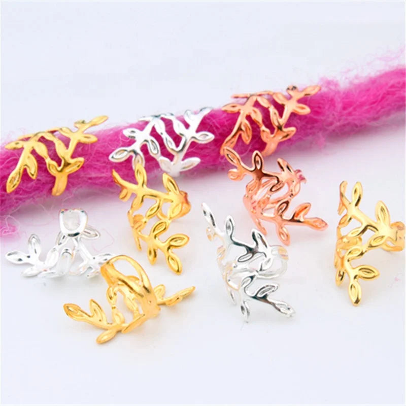 Wholesale Silver Gold Metal Leaf Hair Braids Rings for Decoration Dreadlocks Hair Braid Cuff Hair Rings for Synthetic Braid