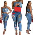 Top High Quality Women Cartoon Patch Jeans Sets Crop Top 2 Piece Denim Set