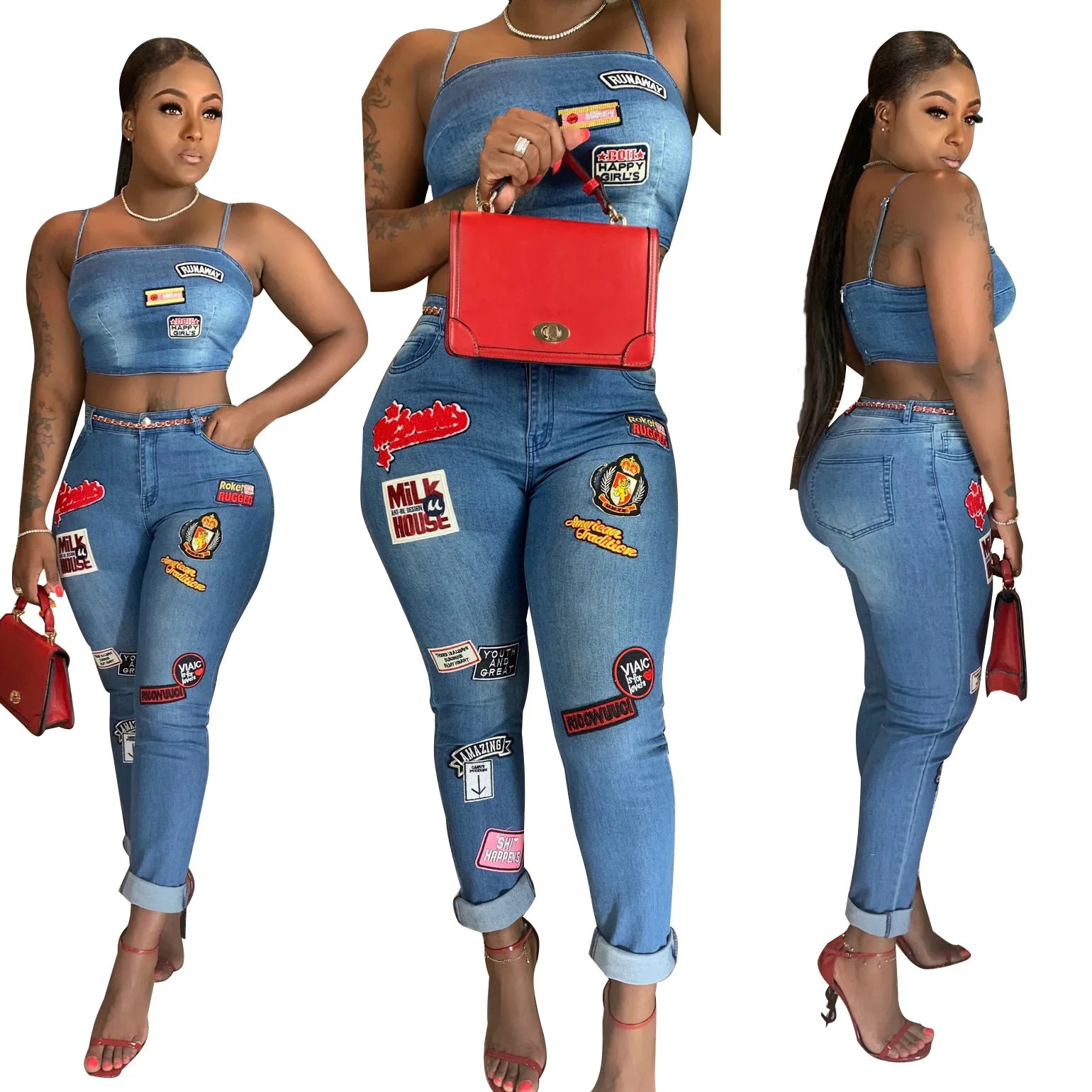 Top High Quality Women Cartoon Patch Jeans Sets Crop Top 2 Piece Denim Set
