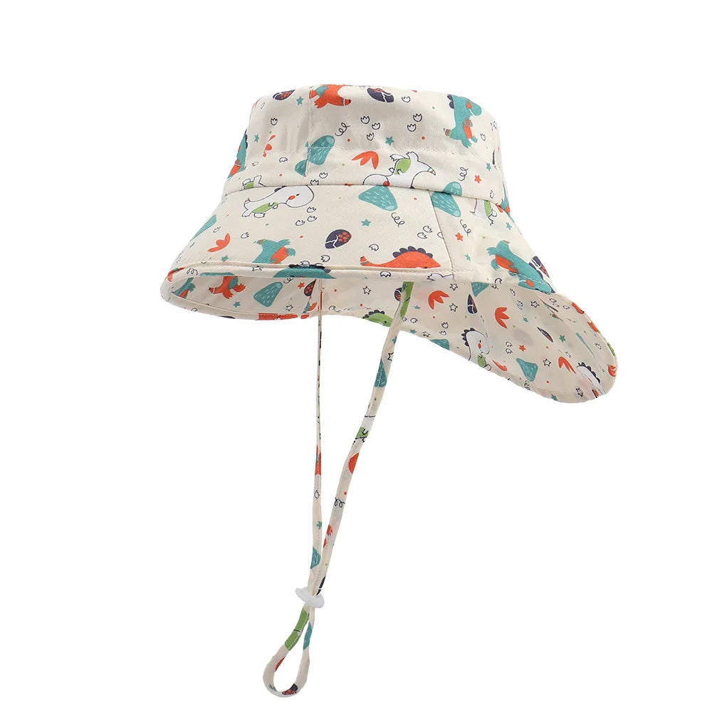 Outdoor 1-6 Years Baby Sun Hat Cartoon Dino Flamingo Printed Wind Proof Neck Protection Toddler Kids Bucket Cap for Boys Girls