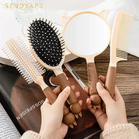 Cute Cartoon 4Pcs/Set Chocolate Color Hair Combs Set Massage Round Anti Static Brush Makeup Mirror Hairdressing Styling Tool
