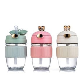 400ml Cute Cartoon Rabbit Lids Glass Water Bottle for Kids Drinking with Silicone Sleeve with Straw