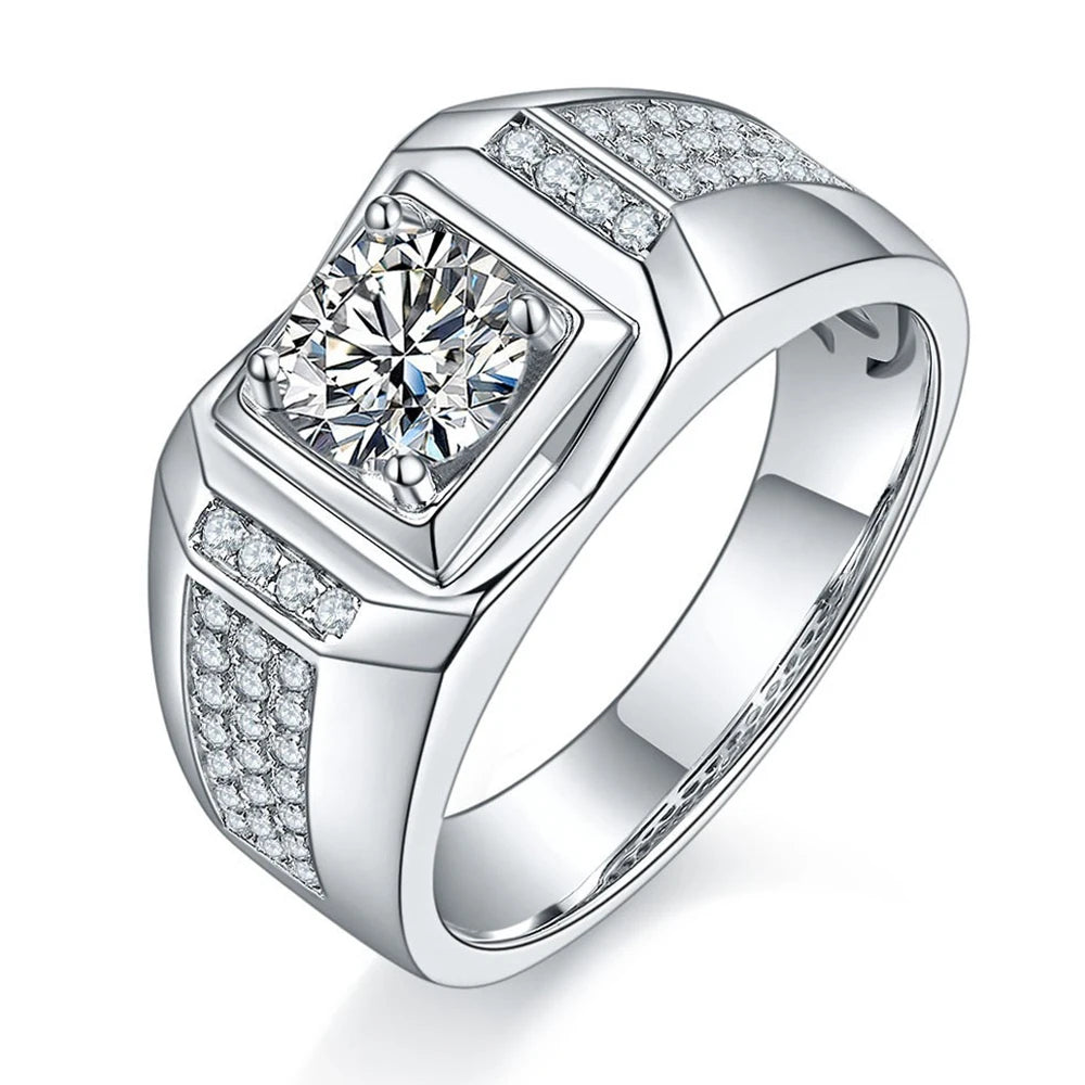 Classic Design Men Wedding Jewelry 925 Sterling Silver Gemstone 1ct Level D Vvs Round Cut Moissanite Engagement Rings Men