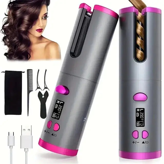 USB Rechargeable LCD Display Cordless Hair Curling Iron Automatic Wireless Rotating Deep Waver Fast Heating for Home Hotel Use