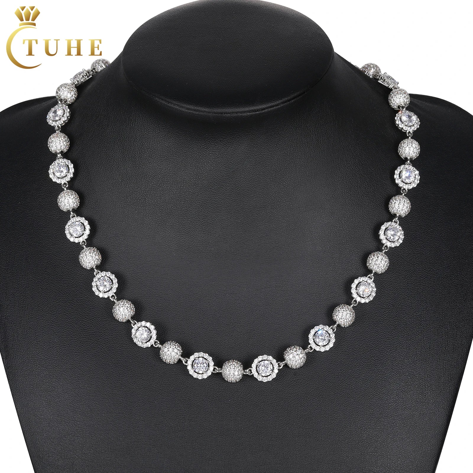 Fashion Mens Jewelry 12mm 925 Sterling Silver VVS Moissanite Diamond Iced Out Bead and Halo Mix Link Chain Necklace