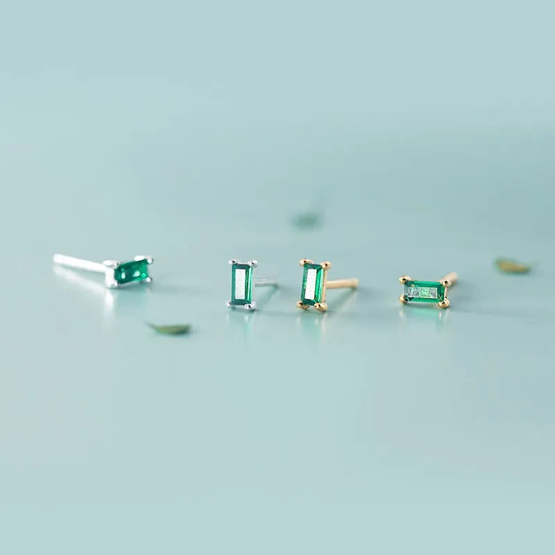 925 Sterling Silver Mini Green Cubic Zircon Square Shape Gold Plated Studs Earrings Fashion Jewelry for Women