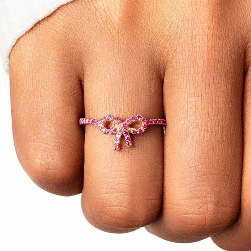 Huitan Simple Bow Knot Design Dazzling White/Rose Zircon Silver/Gold Plated Finger Rings for Fashion Party Women Wedding Rings