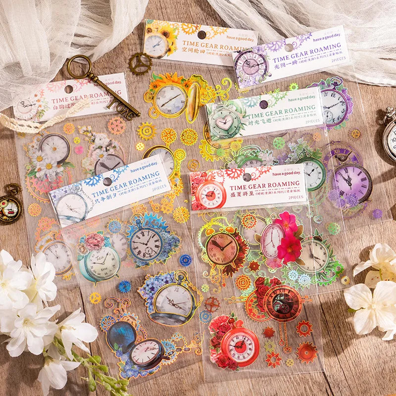 2 Pieces/Pack Pet Stickers Time Wheel Roaming Series Artistic Laser Gold Clock DIY Notebook Stickers 6 Models