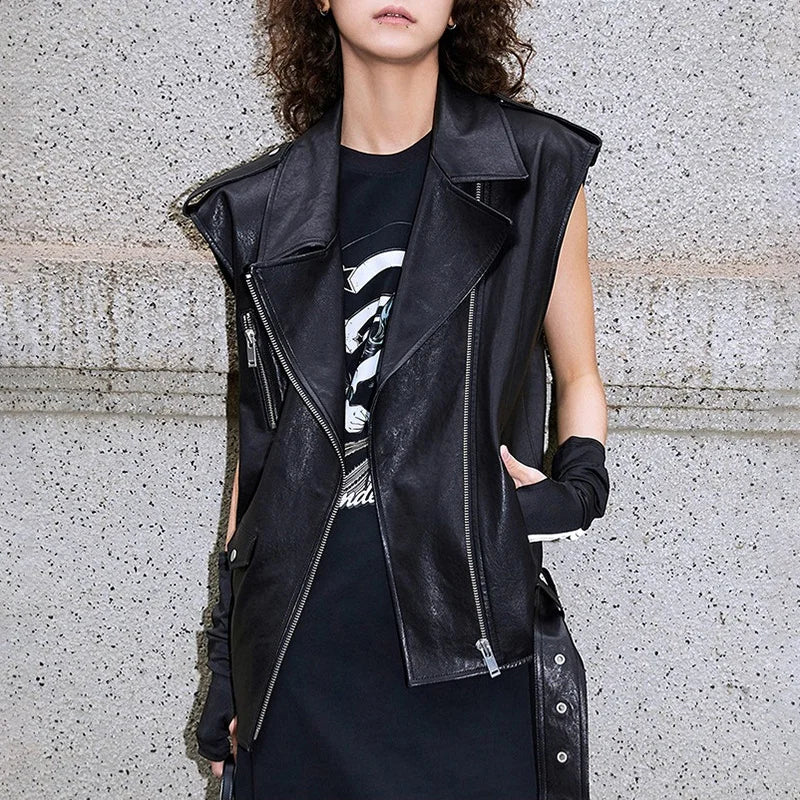 New Fashion Sleeveless Single Breasted Real Sheepskin Leather Top Vest Women
