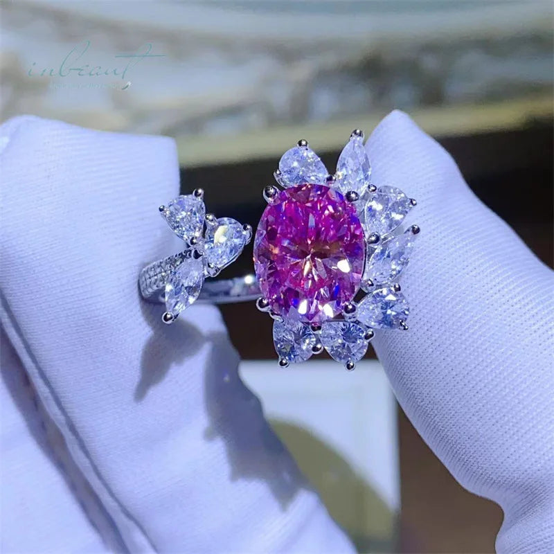Silver 925 Original 3 Carat Brilliant Cut Pass Diamond Test Pink Oval Moissanite Romantic Flower Ring for Women Fine Jewelry