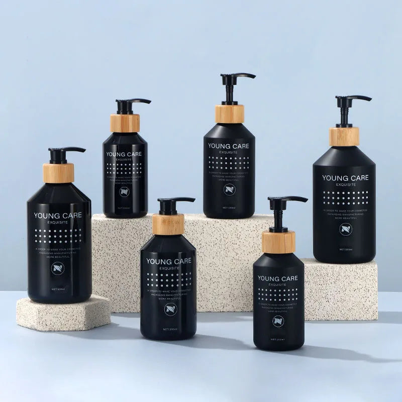 Press Lotion Bottle 300ml 500ml Matte Black Brown White Plastic Empty Shampoo Scrub Pet Bottle with Bamboo Pump