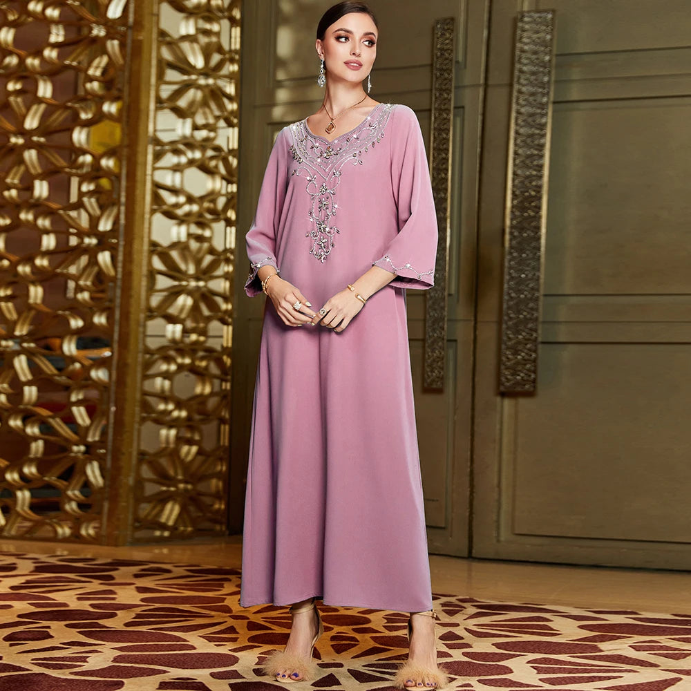 Luxury Bright Handmade Beaded Muslim Abaya Tither Golden Weaving Blue Long Sleeved Dress