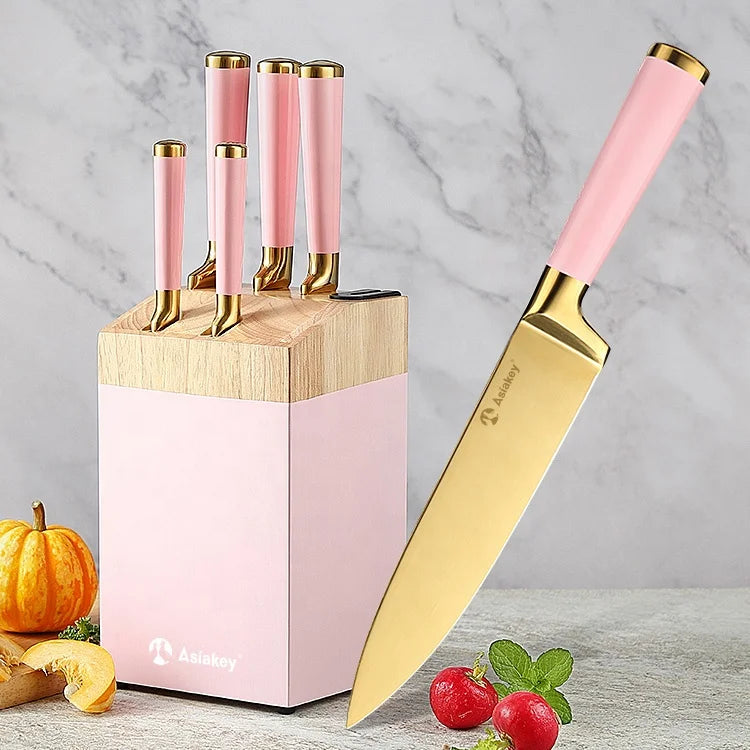 6 Piece Golden Cutlery Stainless Steel Kitchen Knife Sets Serrated Steak Knives With Pink Hollow Handle