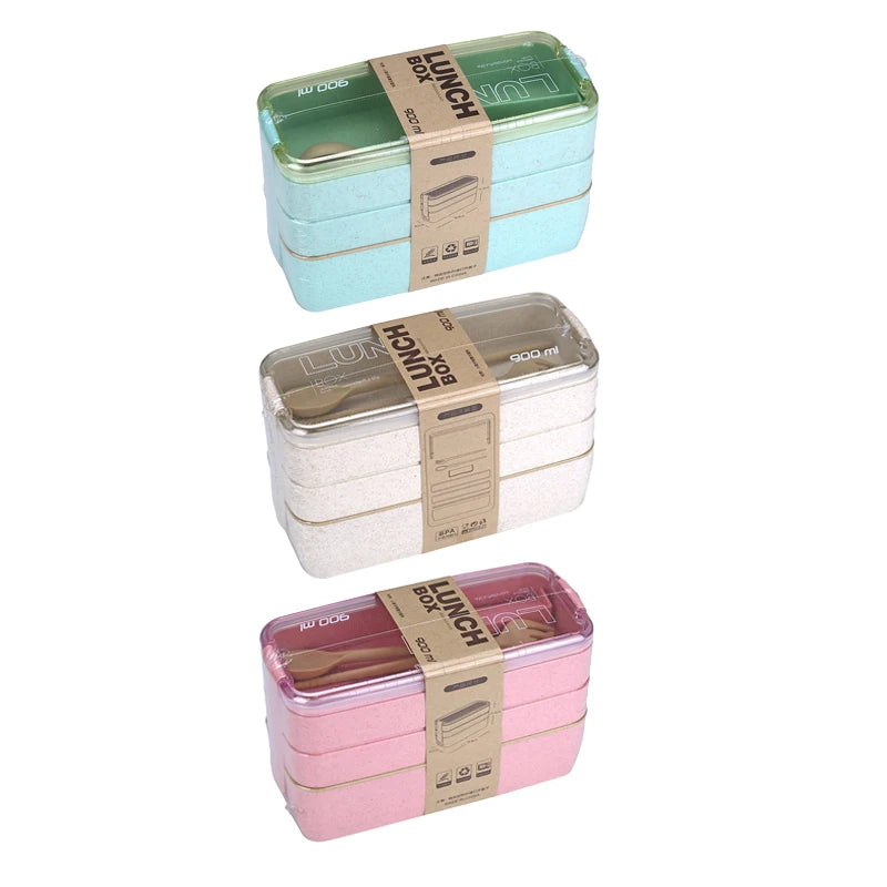 900ml School Lunch Box for Children Snack Food Container 3 Layers Plastic Wheat Straw Bento Lunch Box With Spoon and Fork