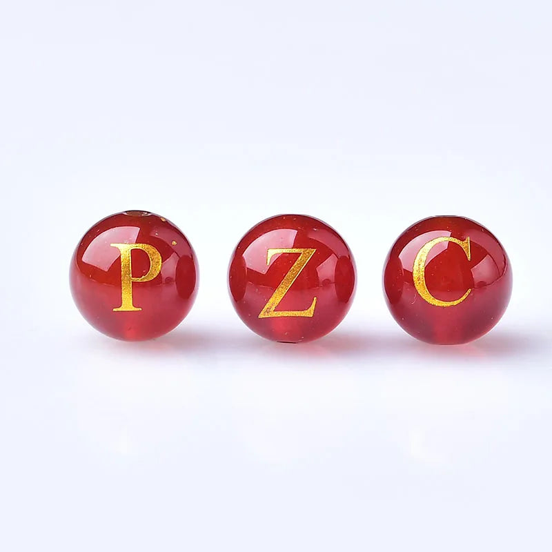 Wholesale 8mm 10mm Natural Stone Red Carnelian Gilding Carving 26 Letters Crystal Red Agate Loose Beads for DIY Jewelry Making