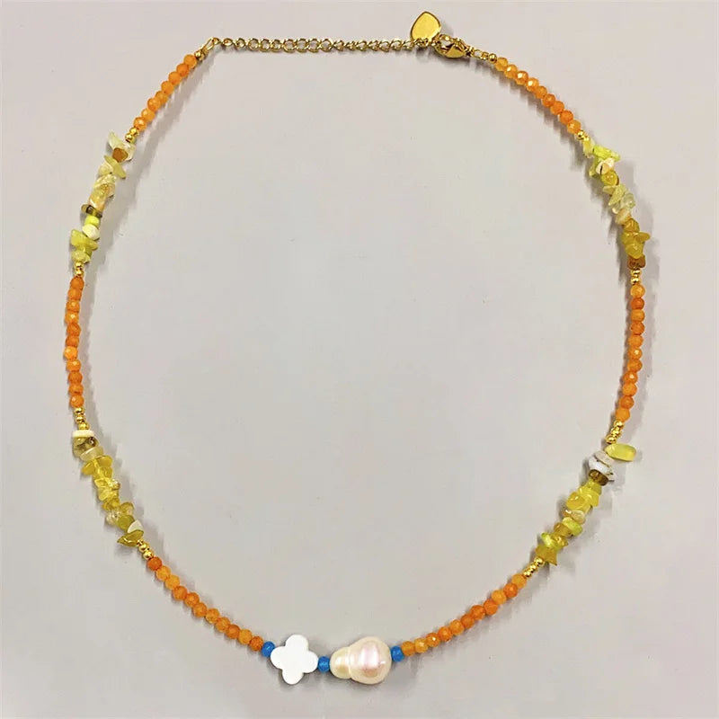 Clover & Pearl Beaded Necklace Freshwater Pearls & Gemstones Boho Beaded Layered Necklace Gift for Women