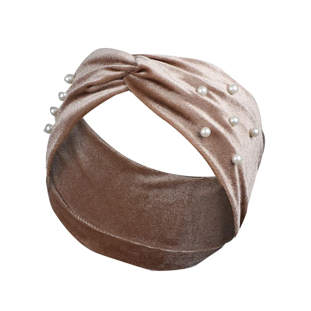Fashion Women Elastic Knitted Velvet Hair Band Adult Fabric Headband With Pearls