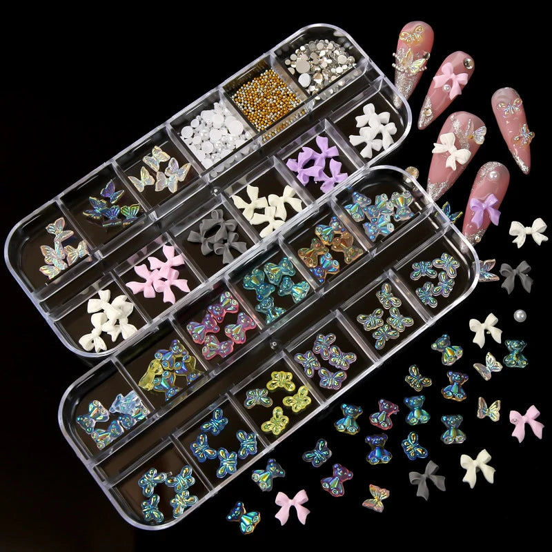 Nail Charms Glitter Crystal Bear Nail Jewelry 3D Half Round Pearl Resin Bow Nail Art Decoration