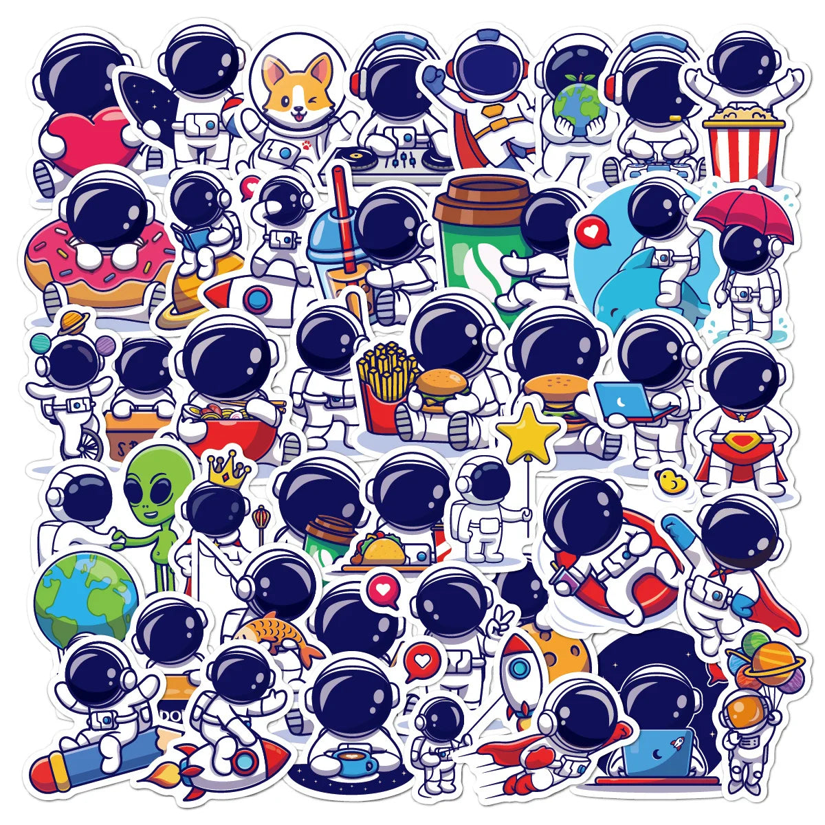 50Pcs Cute Cartoon Astronaut Fly to the Moon Decorative Stickers for Laptop Scrapbook Kid Bedroom Wall Sticker