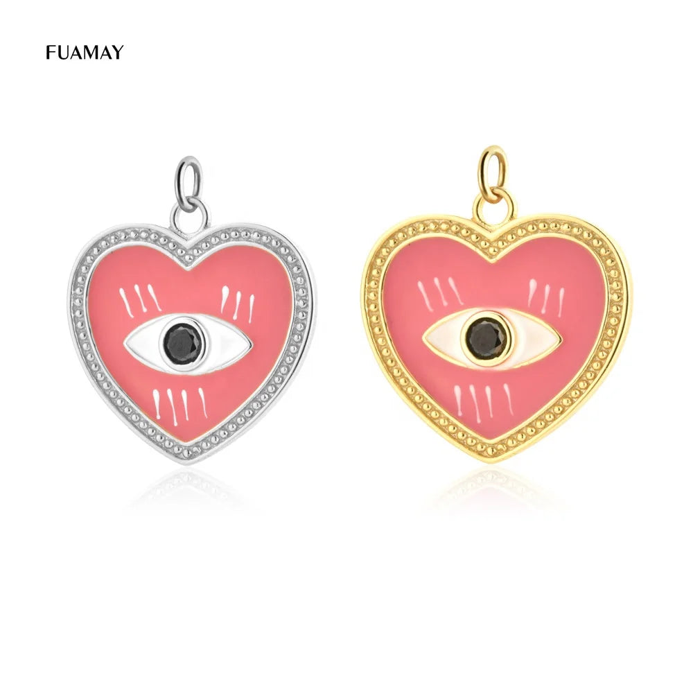 FUAMAY Rosa Pink Enamel Corazon Charm Heart Shaped Black Stone Evil Eyes Designer Charms for Diy Bracelet