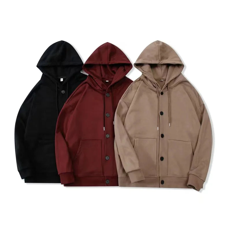 400G China Factory Wholesale Price Men's Oversized Hoodie Solid Pattern Button Front Placket Sweatshirt Blank Fleece Pullover
